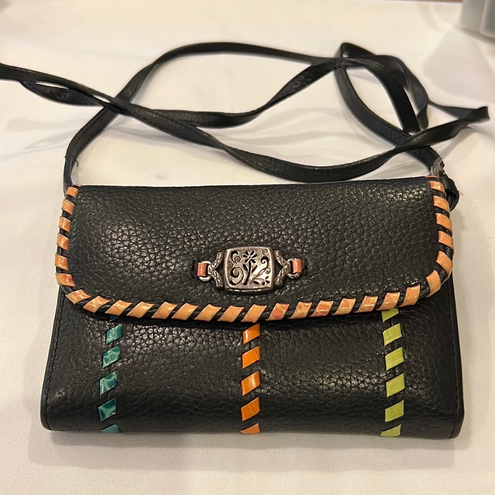 Brighton Black Leather Tri Fold Wallet Purse  Clutch with 3 Color Trim